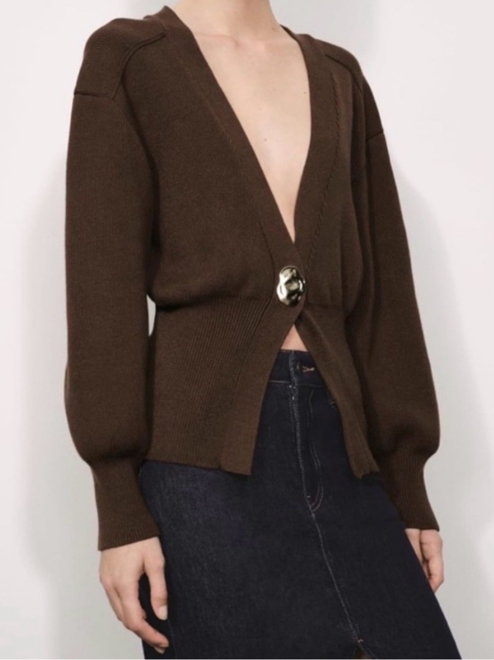 NWOT Commense chocolate cardigan with gold accent